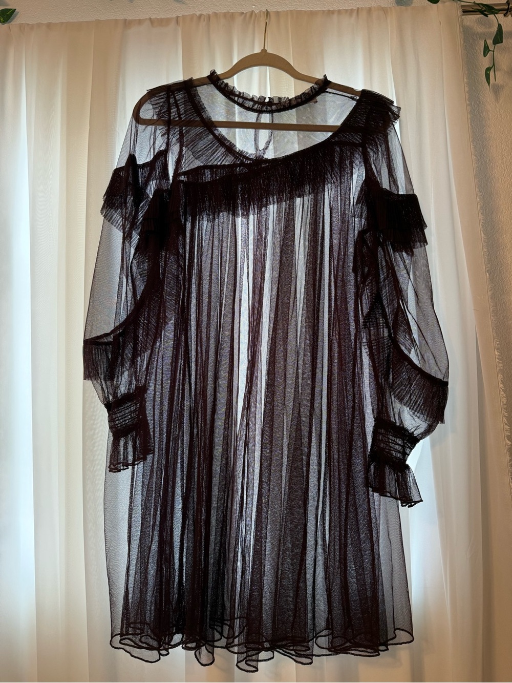 Sheer Ruffled Mesh Dress - Burgundy - Picture 1 of 2